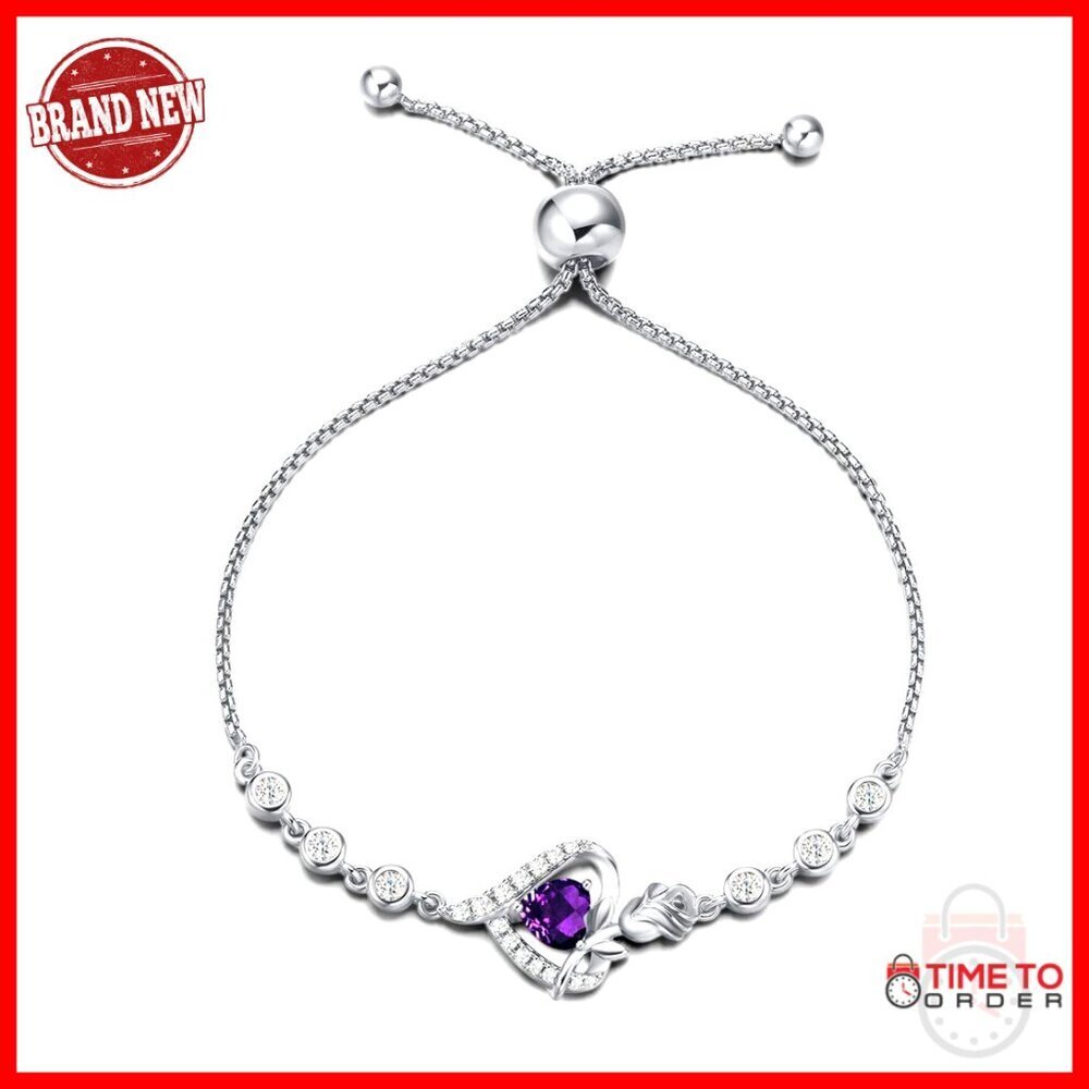 Sterling Silver Tennis Bracelet Elegant Heart Pendant Adjustable Birthstone